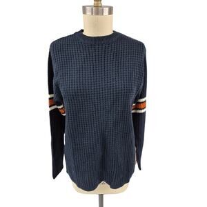 Vtg Ferruche 100% Acrylic Navy Blue Sweater Waffle Textured Sleeve Stripes Sz M